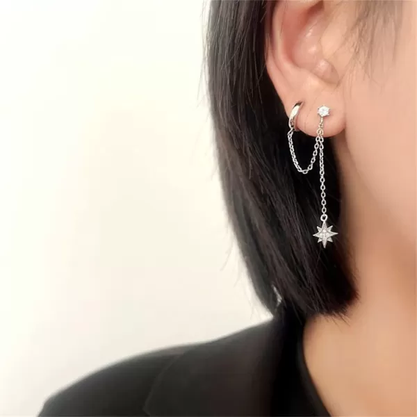 Star 925 Sterling Silver Double Piercing Earrings Huggie Cuff Chain for Women Teen Girls 2 Holes CZ Charm Dangle Drop Small Hoop Earrings Cartilage Climber JewelryStar 925 Sterling Silver Double Piercing Earrings Huggie Cuff Chain for Women Teen Girls 2 Holes CZ Charm Dangle Drop Small Hoop Earrings Cartilage Climber Jewelry