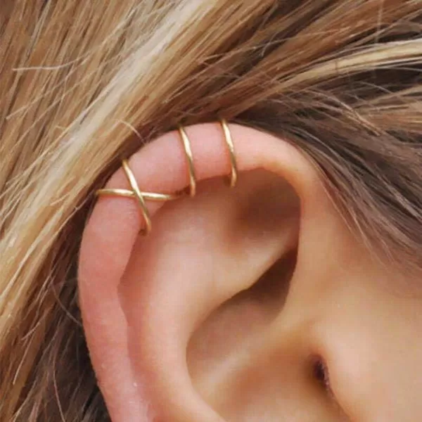 Sterling Silver Ear Cuff Wrap Earrings for Non Piercing Cartilage Clip on Helix Minimalist Womens Girls Love Knot Gold Hoops Adjustable Jewelry UnisexDouble LineGold Plated