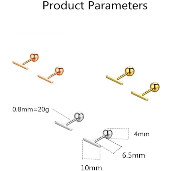 Sterling Silver Mini Bar Earrings for Women Girls 14K Gold Plated Minimalist Tiny Short Bars 20g Barbell 4mm Ball Stud Tragus Post Screw Back Hypoallergenic Dainty JewelryRose Gold