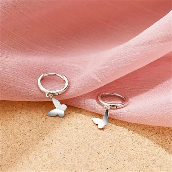 Tiny Butterfly Dangle Hoop Earrings for Women Girls 925 Sterling Silver Hypoallergenic Minimalist Small Charms Drop Dangling Huggie Hoops Cartilage Fashion Cute Jewelry Dainty GiftsSilver