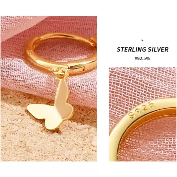 Tiny Butterfly Dangle Hoop Earrings for Women Girls 925 Sterling Silver Hypoallergenic Minimalist Small Charms Drop Dangling Huggie Hoops Cartilage Fashion Cute Jewelry Dainty GiftsGold