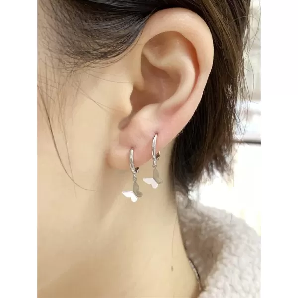 Tiny Butterfly Dangle Hoop Earrings for Women Girls 925 Sterling Silver Hypoallergenic Minimalist Small Charms Drop Dangling Huggie Hoops Cartilage Fashion Cute Jewelry Dainty GiftsSilver