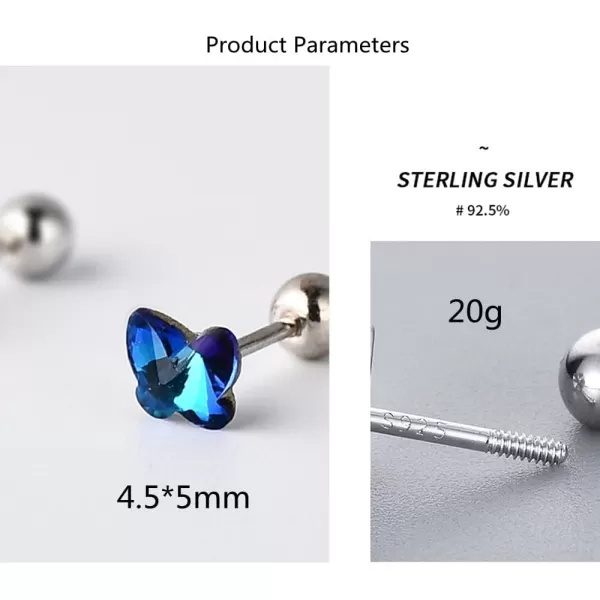 Tiny Cute Butterfly Stud Sterling Silver Earrings for Women Girls Cubic Zirconia Mini Small 20g Barbell Ball Studs Cartilage Tragus Screw Back Hypoallergenic Lucky Jewelry Gifts Christmas BirthdayBlue