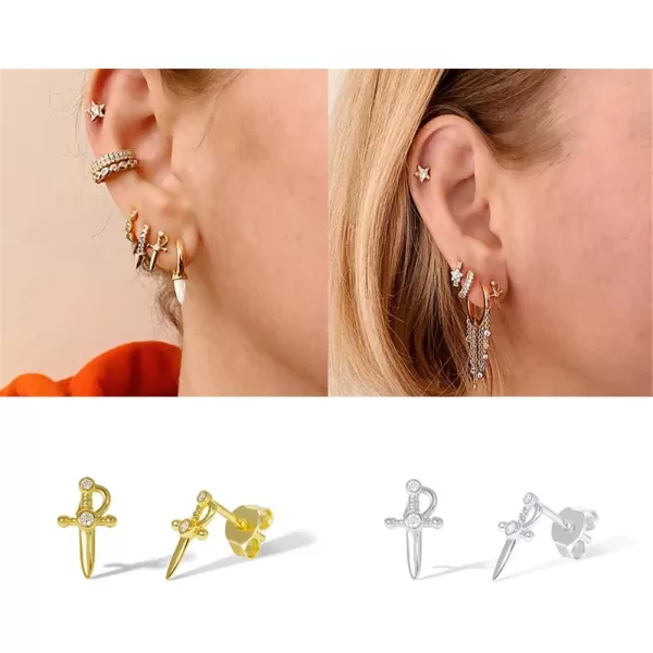 Tiny Dagger Cubic Zirconia Studs Earrings for Women Girls Men Sterling Silver Fashion Unique Small Stud Cartilage Tragus Post Pin Hypoallergenic Punk Rock Boho Jewelry Unisex Dainty BFF GiftsSilver