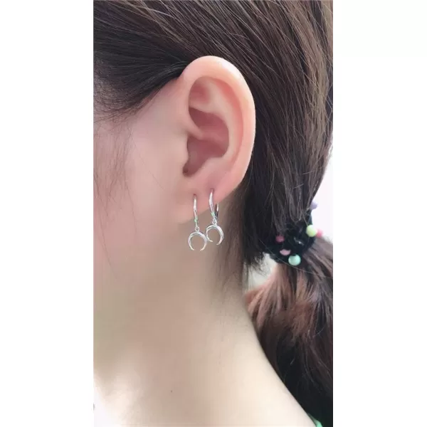 Tiny Moon Dangle Hoop Earrings for Women Girls Teens S925 Sterling Silver Charms Hoops Crescent Half Moon Horn Drop Tiny Cuff Cartilage Helix Minimalist Polished Earrings Fashion JewelrySilver
