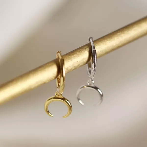 Tiny Moon Dangle Hoop Earrings for Women Girls Teens S925 Sterling Silver Charms Hoops Crescent Half Moon Horn Drop Tiny Cuff Cartilage Helix Minimalist Polished Earrings Fashion JewelryGold Plated