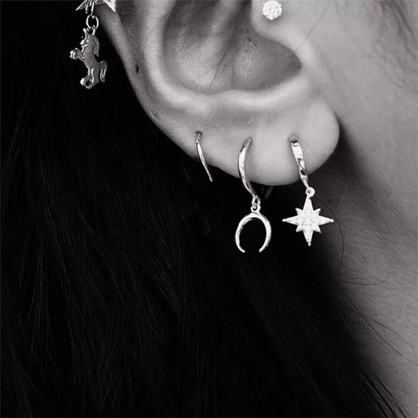 Tiny Moon Dangle Hoop Earrings for Women Girls Teens S925 Sterling Silver Charms Hoops Crescent Half Moon Horn Drop Tiny Cuff Cartilage Helix Minimalist Polished Earrings Fashion JewelrySilver