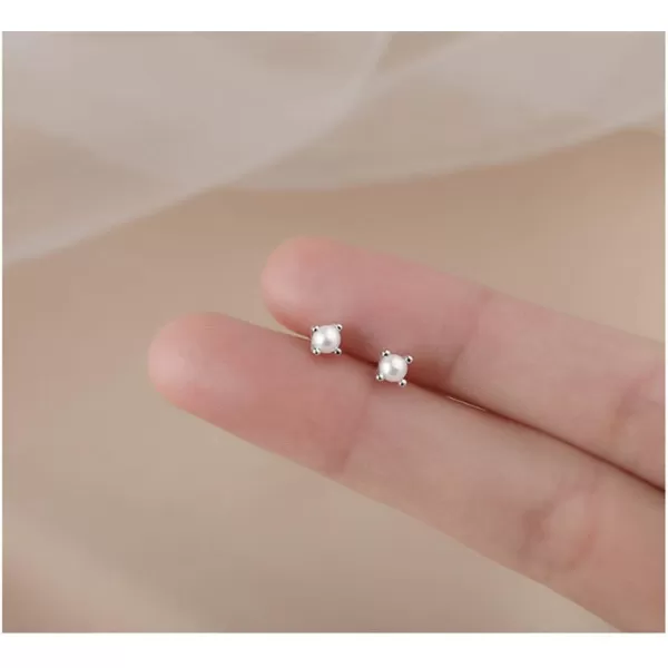 Tiny Shell Pearl Stud Cartilage Earrings for Women Teen Girls S925 Sterling Silver Hypoallergenic Imitation 3mm Pearls Small Studs Tragus Post Minimalist Earring Dainty JewelrySilver