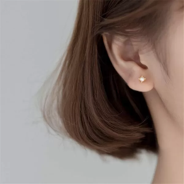Tiny Shell Pearl Stud Cartilage Earrings for Women Teen Girls S925 Sterling Silver Hypoallergenic Imitation 3mm Pearls Small Studs Tragus Post Minimalist Earring Dainty JewelryGold