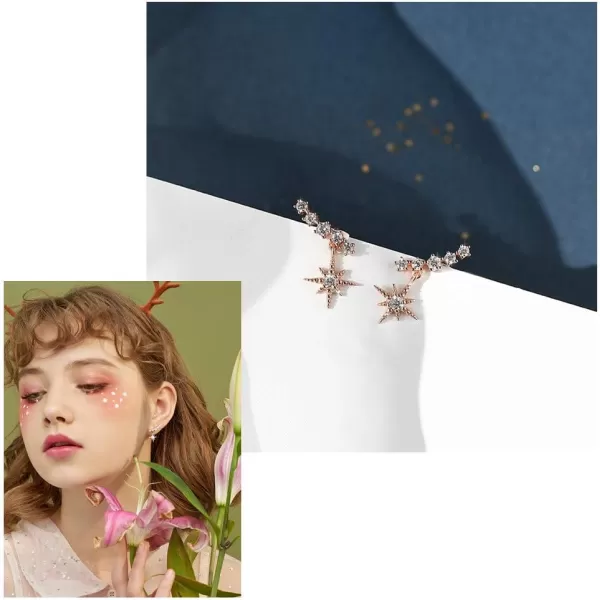 Unique CZ Star Dangle Cuff Earrings for Women Teen Girls Sterling Silver Small Cute Crystal Diamond Climber Crawler Stud Drop Wedding Jewelry Hypoallergenic Delicate Birthday Christmas GitsRose Gold Plated