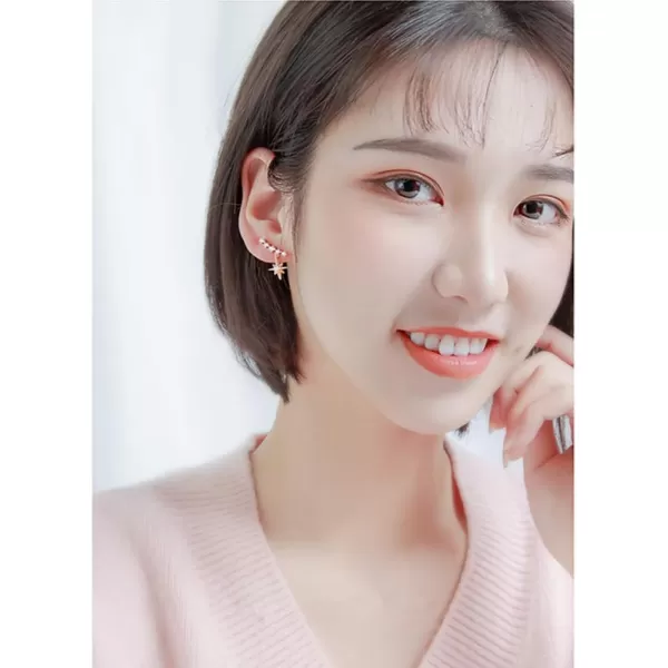 Unique CZ Star Dangle Cuff Earrings for Women Teen Girls Sterling Silver Small Cute Crystal Diamond Climber Crawler Stud Drop Wedding Jewelry Hypoallergenic Delicate Birthday Christmas GitsRose Gold Plated