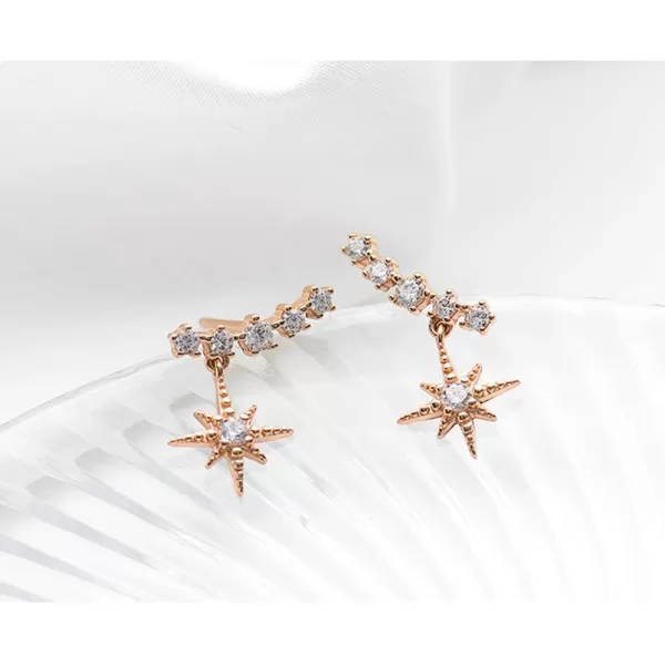 Unique CZ Star Dangle Cuff Earrings for Women Teen Girls Sterling Silver Small Cute Crystal Diamond Climber Crawler Stud Drop Wedding Jewelry Hypoallergenic Delicate Birthday Christmas GitsRose Gold Plated