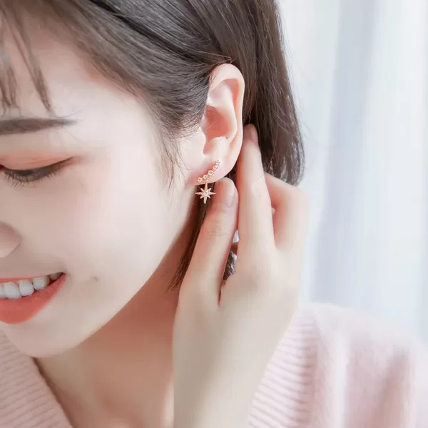 Unique CZ Star Dangle Cuff Earrings for Women Teen Girls Sterling Silver Small Cute Crystal Diamond Climber Crawler Stud Drop Wedding Jewelry Hypoallergenic Delicate Birthday Christmas GitsRose Gold Plated