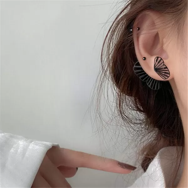 Unique Filigree Butterfly Ear Jacket Stud Earrings for Women Girls S925 Sterling Silver Hypoallergenic Dainty Front Back Fan shaped Wings Cuff Cartilage Studs Fashion JewelryBlack