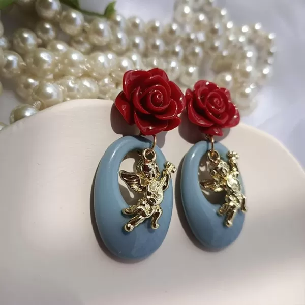 Vintage Angel Flower Dangle Earrings for Women Girls Hypoallergenic Cute Charms Red Rose Love Cupid Circle Round Drop Dangling Stud Retro Christmas Valentine Jewelry GiftsVintage Angel Flower Dangle Earrings for Women Girls Hypoallergenic Cute Charms Red Rose Love Cupid Circle Round Drop Dangling Stud Retro Christmas Valentine Jewelry Gifts