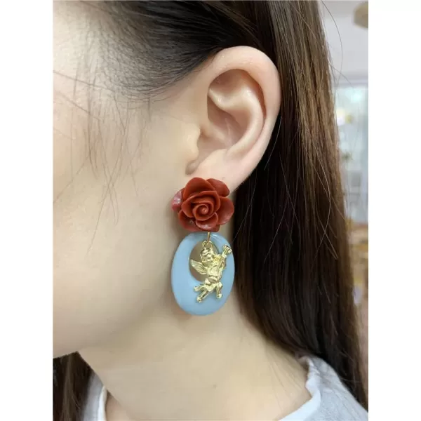 Vintage Angel Flower Dangle Earrings for Women Girls Hypoallergenic Cute Charms Red Rose Love Cupid Circle Round Drop Dangling Stud Retro Christmas Valentine Jewelry GiftsVintage Angel Flower Dangle Earrings for Women Girls Hypoallergenic Cute Charms Red Rose Love Cupid Circle Round Drop Dangling Stud Retro Christmas Valentine Jewelry Gifts