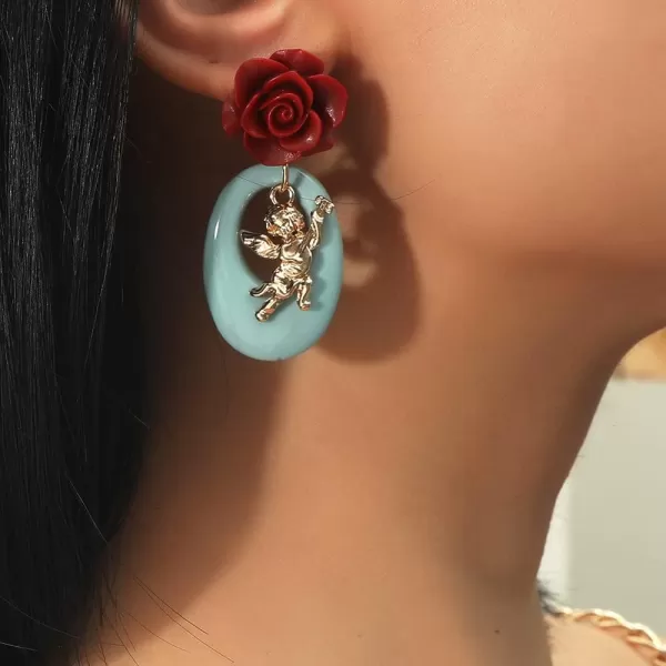 Vintage Angel Flower Dangle Earrings for Women Girls Hypoallergenic Cute Charms Red Rose Love Cupid Circle Round Drop Dangling Stud Retro Christmas Valentine Jewelry GiftsVintage Angel Flower Dangle Earrings for Women Girls Hypoallergenic Cute Charms Red Rose Love Cupid Circle Round Drop Dangling Stud Retro Christmas Valentine Jewelry Gifts