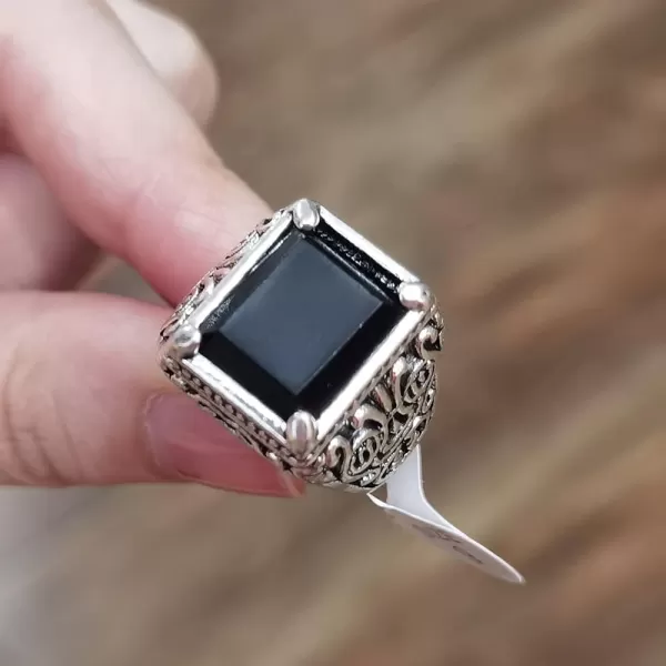 Vintage Black Square Resin Statement Ring for Women Men Silver Plated Imitation Agate Turkish Ottoman Style Wide Band Rings Comfort Fit Unisex Boho Tribal Jewelry Gift Size 9Vintage Black Square Resin Statement Ring for Women Men Silver Plated Imitation Agate Turkish Ottoman Style Wide Band Rings Comfort Fit Unisex Boho Tribal Jewelry Gift Size 9
