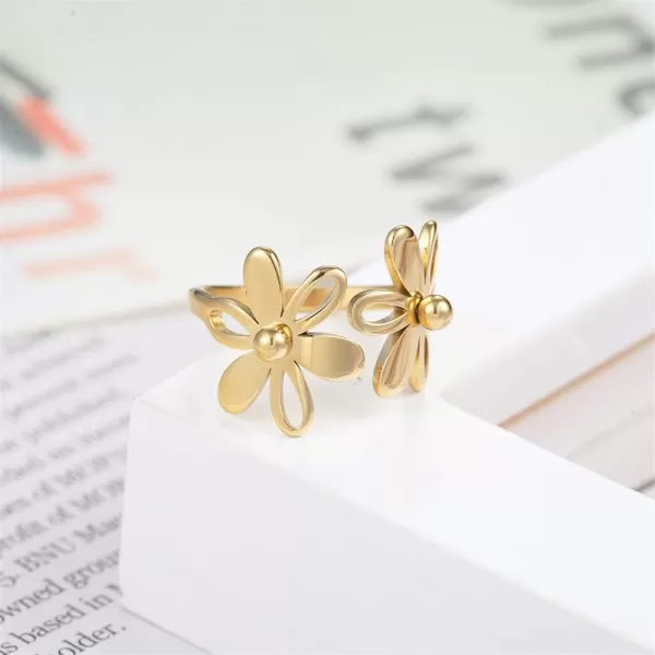 Vintage Daisy Flower Stainless Steel Statement Open Ring for Women Girls Polished Comfort Fit Filigree Hawaiian Sunflowers Adjustable Promise Band Rings Birthday Holiday Gifts BFF MomGold Size 6