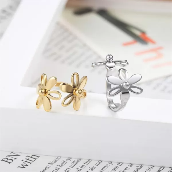 Vintage Daisy Flower Stainless Steel Statement Open Ring for Women Girls Polished Comfort Fit Filigree Hawaiian Sunflowers Adjustable Promise Band Rings Birthday Holiday Gifts BFF MomSilver Size 7