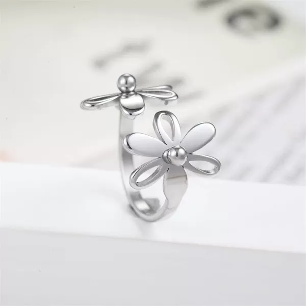 Vintage Daisy Flower Stainless Steel Statement Open Ring for Women Girls Polished Comfort Fit Filigree Hawaiian Sunflowers Adjustable Promise Band Rings Birthday Holiday Gifts BFF MomSilver Size 7
