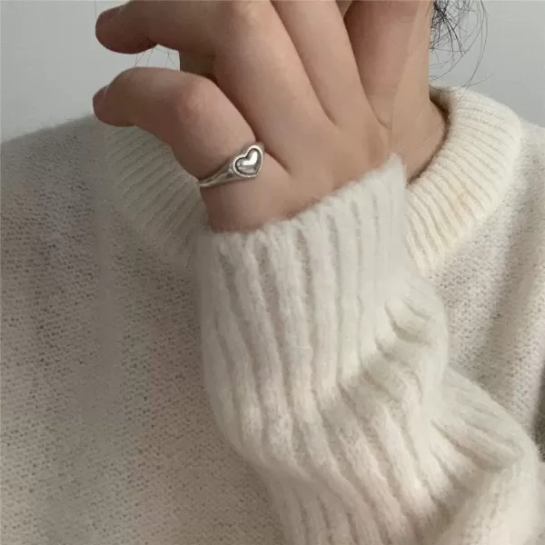 Vintage Heart S925 Sterling Silver Ring for Women Girls Dainty Engagement Promise Love Expandable Open Finger Statement Stacking Rings Adjustable Fashion Valentines Anniversar JewelryPolished