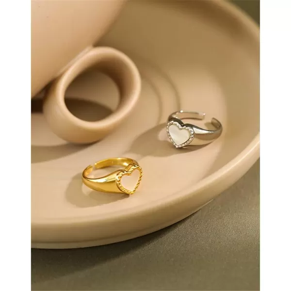 Vintage Heart S925 Sterling Silver Ring for Women Girls Dainty Engagement Promise Love Expandable Open Finger Statement Stacking Rings Adjustable Fashion Valentines Anniversar JewelryShell Pearl