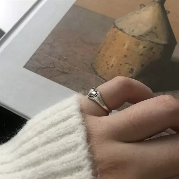 Vintage Heart S925 Sterling Silver Ring for Women Girls Dainty Engagement Promise Love Expandable Open Finger Statement Stacking Rings Adjustable Fashion Valentines Anniversar JewelryPolished