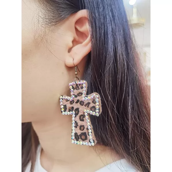 Vintage Leather Cross Dangle Earrings for Women Girls Leopard Print AB Crystal Statement Drop Dangling Hook Stud Earring Boho Lightweight Exaggerated JewelryVintage Leather Cross Dangle Earrings for Women Girls Leopard Print AB Crystal Statement Drop Dangling Hook Stud Earring Boho Lightweight Exaggerated Jewelry
