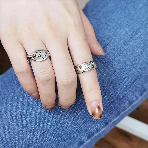 Vintage Moon Star Finger Rings for Women Girls Silver Plated Hollow Disc Link Chain Chunky Expendable Knuckle Open Band Ring Comfort Fit Retro Summer Vacation JewelryVintage Moon Star Finger Rings for Women Girls Silver Plated Hollow Disc Link Chain Chunky Expendable Knuckle Open Band Ring Comfort Fit Retro Summer Vacation Jewelry