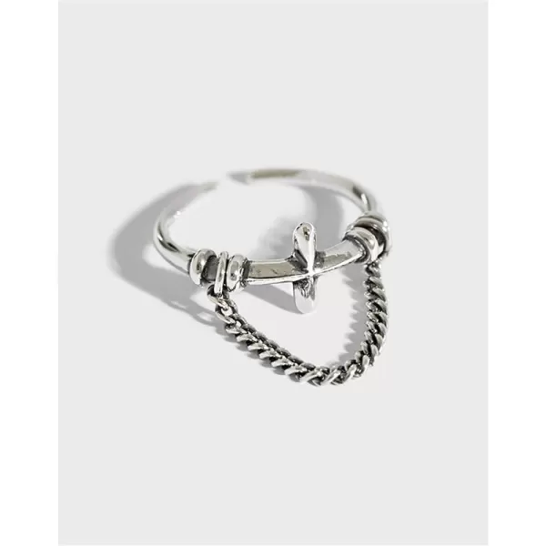 Vintage Sideways Cross 925 Sterling Silver Ring for Women Girls Men Oxidized Antique Chain Drop Expandable Open Rings Hand Made Boho Jewelry Easter Christmas Birthday BFF GiftsVintage Sideways Cross 925 Sterling Silver Ring for Women Girls Men Oxidized Antique Chain Drop Expandable Open Rings Hand Made Boho Jewelry Easter Christmas Birthday BFF Gifts