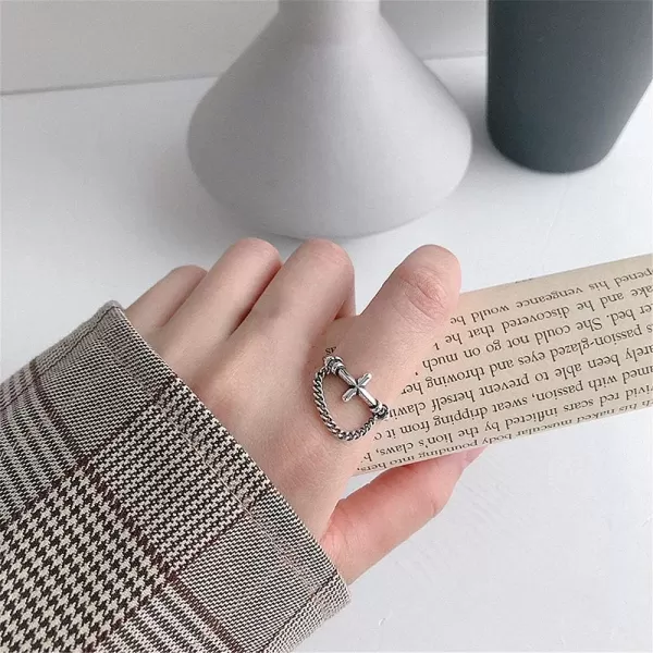 Vintage Sideways Cross 925 Sterling Silver Ring for Women Girls Men Oxidized Antique Chain Drop Expandable Open Rings Hand Made Boho Jewelry Easter Christmas Birthday BFF GiftsVintage Sideways Cross 925 Sterling Silver Ring for Women Girls Men Oxidized Antique Chain Drop Expandable Open Rings Hand Made Boho Jewelry Easter Christmas Birthday BFF Gifts