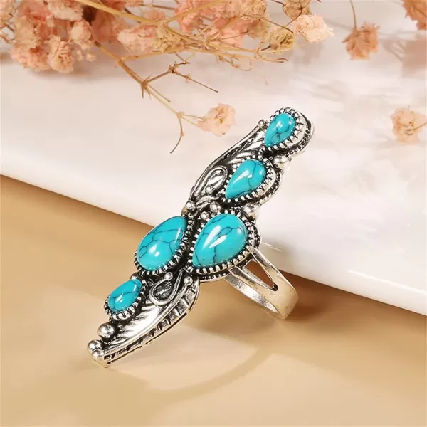 Vintage Turquoise Flower Leaf Statement Ring for Women Girls Oxidized Silver Plated Black CZ Boho Filigree Wide Band Finger Rings Comfort Fit Bohemian Indian Bollywood Wedding Birthday Retro Jewelry Size 8Teardrop