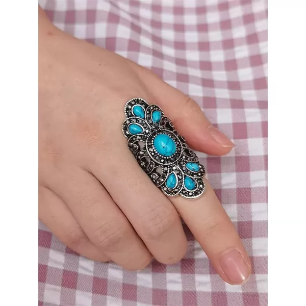 Vintage Turquoise Flower Leaf Statement Ring for Women Girls Oxidized Silver Plated Black CZ Boho Filigree Wide Band Finger Rings Comfort Fit Bohemian Indian Bollywood Wedding Birthday Retro Jewelry Size 8Round