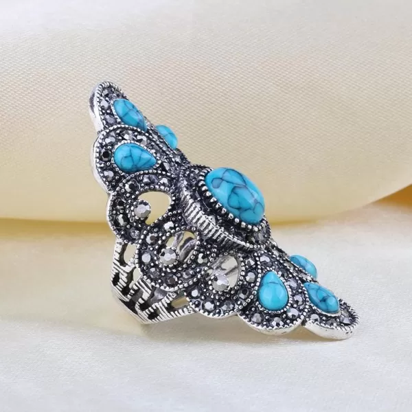 Vintage Turquoise Flower Leaf Statement Ring for Women Girls Oxidized Silver Plated Black CZ Boho Filigree Wide Band Finger Rings Comfort Fit Bohemian Indian Bollywood Wedding Birthday Retro Jewelry Size 8Round