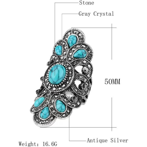Vintage Turquoise Flower Leaf Statement Ring for Women Girls Oxidized Silver Plated Black CZ Boho Filigree Wide Band Finger Rings Comfort Fit Bohemian Indian Bollywood Wedding Birthday Retro Jewelry Size 8Round