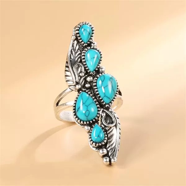 Vintage Turquoise Flower Leaf Statement Ring for Women Girls Oxidized Silver Plated Black CZ Boho Filigree Wide Band Finger Rings Comfort Fit Bohemian Indian Bollywood Wedding Birthday Retro Jewelry Size 8Teardrop