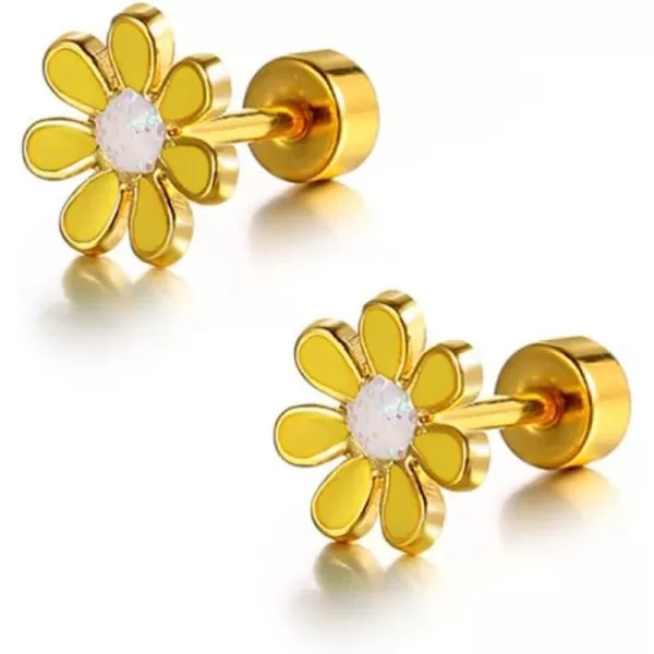 18G Cute Daisy Flower Stud Cartilage Earrings for Women Girls 14K Gold Plated Stainless Steel Enameled Dainty Screw Back Studs Sleeper Tragus Post Hypoallergenic Piercing Body JewelryYellow