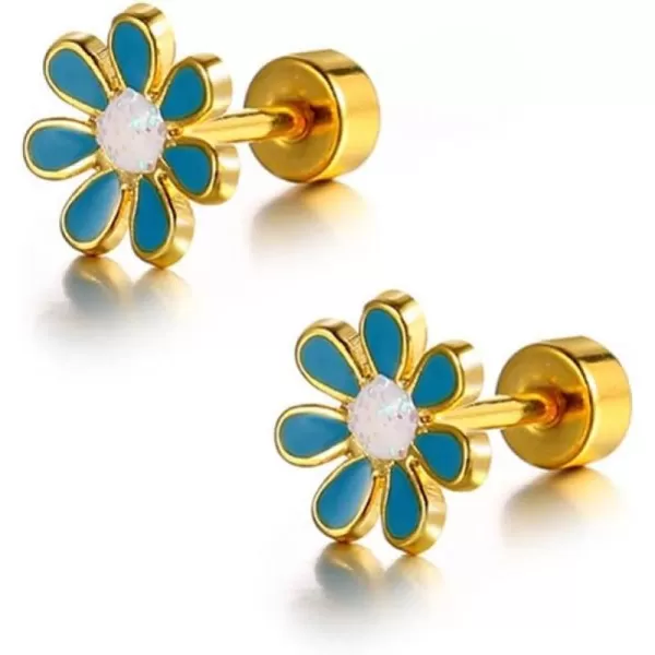 18G Cute Daisy Flower Stud Cartilage Earrings for Women Girls 14K Gold Plated Stainless Steel Enameled Dainty Screw Back Studs Sleeper Tragus Post Hypoallergenic Piercing Body JewelryBlue