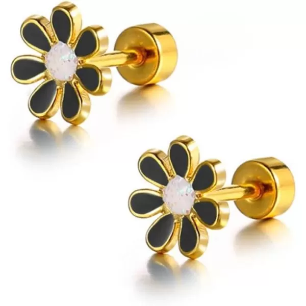 18G Cute Daisy Flower Stud Cartilage Earrings for Women Girls 14K Gold Plated Stainless Steel Enameled Dainty Screw Back Studs Sleeper Tragus Post Hypoallergenic Piercing Body JewelryBlack