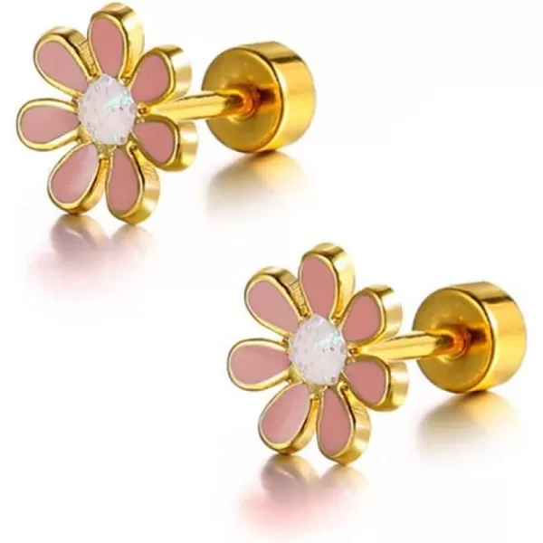 18G Cute Daisy Flower Stud Cartilage Earrings for Women Girls 14K Gold Plated Stainless Steel Enameled Dainty Screw Back Studs Sleeper Tragus Post Hypoallergenic Piercing Body JewelryPink