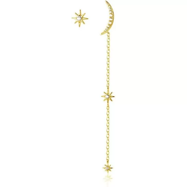 925 Sterling Silver CZ Stud Earrings for Women Girls Cubic Zirconia Asymmetrical Star Moon Tassel Chain Dangle Drop Studs Tragus Post Pin Long Earrings Hypoallergenic Crescent JewelryGold Plated 14K