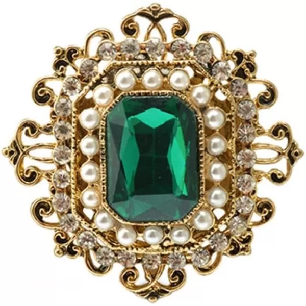 Antique Rhinestone Brooch Pin for Women Girls Gold Tone Vintage Baroque Rectangle Crystal Shell Pearl Boho Victorian Style Brooches Lapel Pins Elegant Wedding Christmas Festival Ornament Jewelry GiftGreen CZ