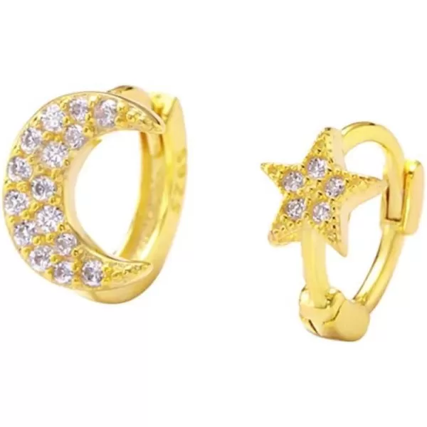 Asymmetrical CZ Star Moon Small Hoop Earrings for Women Girls Sterling Silver Charms Crystal Huggie Crescent Moon Star Cartilage Clip Cuff Stud Earrings Fashion Unique Jewelry Gifts14K Gold Plated