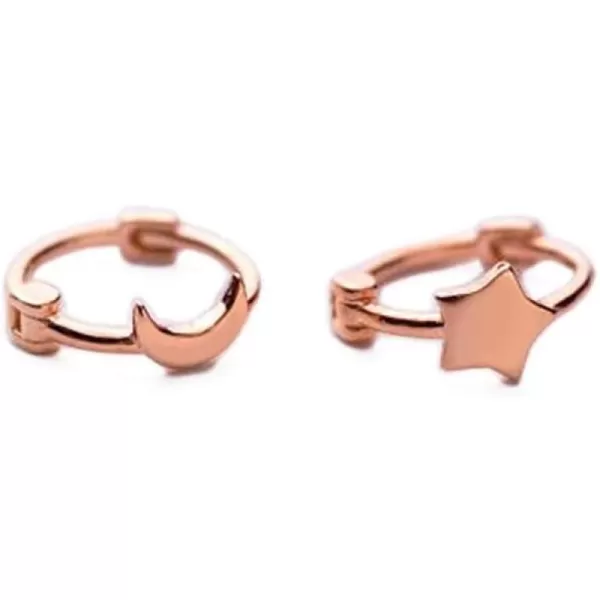 Asymmetrical Star Moon Small Hoop Earrings for Women Girls 925 Sterling Silver Charms Tiny Minimalist Crescent Moon Star Cartilage Clip Cuff Stud Earrings Fashion DelicateRose Gold Plated