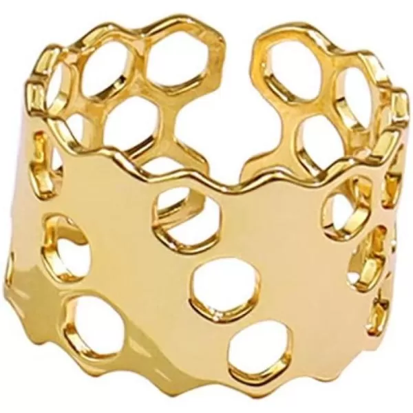 Bee Honeycomb Wide Statement Open Band Ring for Women Girls Irregular Geometric Unique Hive Adjustable Knuckle Finger Rings Comfort Fit Retro Dainty Jewelry GiftGold