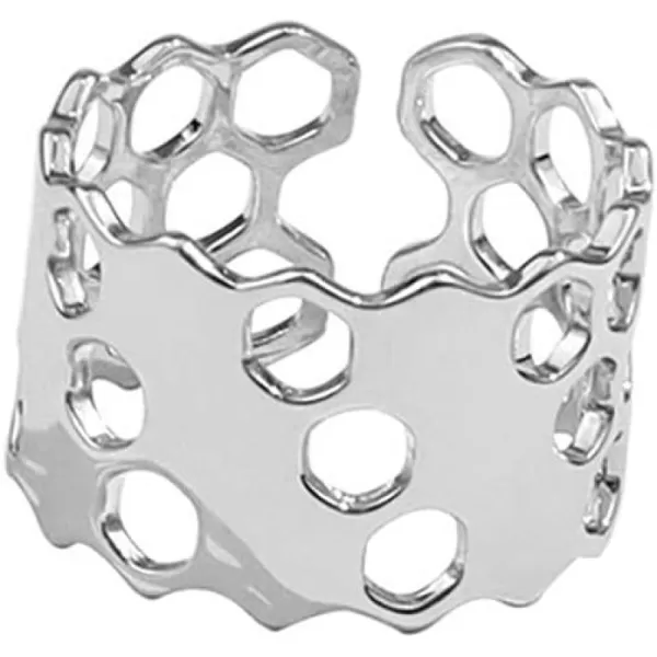 Bee Honeycomb Wide Statement Open Band Ring for Women Girls Irregular Geometric Unique Hive Adjustable Knuckle Finger Rings Comfort Fit Retro Dainty Jewelry GiftSilver