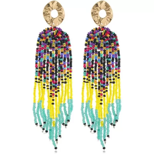 Bohemian Long Fringe Tassel Drop Dangle Earrings for Women Girls Hademade Ball Beads Chain Woven Gold Stud Statement Earring Chandelier Boho Tribal Exaggerated JewelryColorful