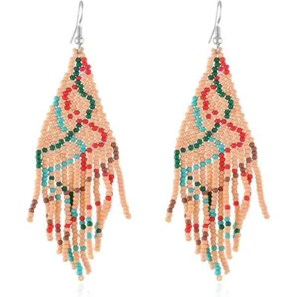Boho Beaded Christmas Statement Dangle Drop Earrings for Women Girls Handmade Acrylic Resin Ball Beads Lightweight Charms Fish Hook Dangling Stud Dainty Xmas Tree Holiday Style Jewelry GiftsPink