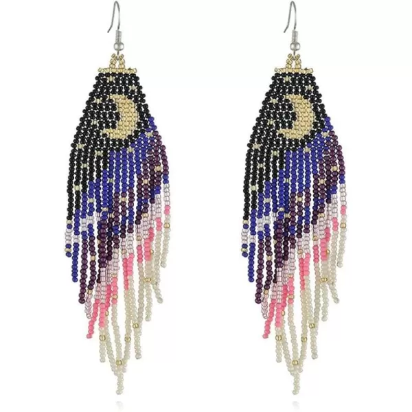 Boho Beaded Moon Long Fringe Drop Dangle Earrrings for Women Girls Handmade Colorful Ball Bead Seed Tassel Chandelier Night Sky Star Hook Stud Bohemian Native Statement Earring Delicate Y2K JewelryCrescent